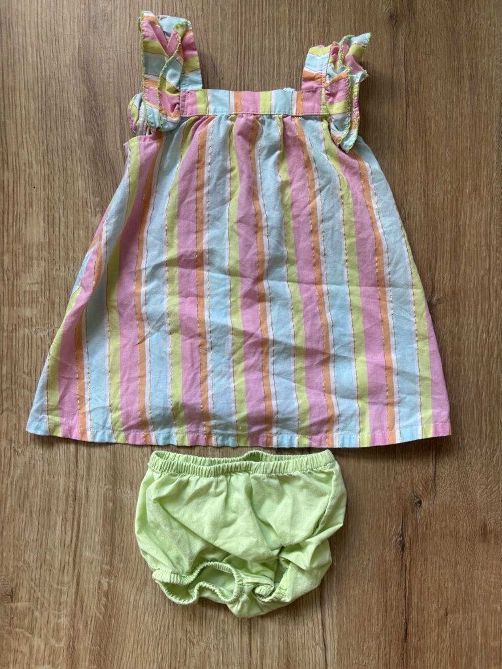 Picapino Pastel Stripe Summer Sundress with Lime Bloomers 24 months